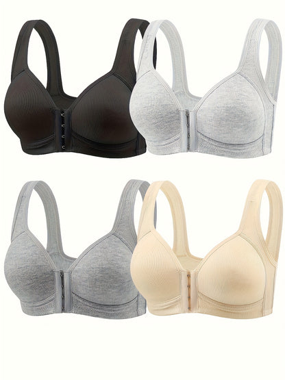 4pcs Women'S Elegant Fully Covered Underwire Bra, Front Buckle Design, Breathable Nylon, Seamless Design in Beige And Black, Comfortable And Fitted Casual Clothing