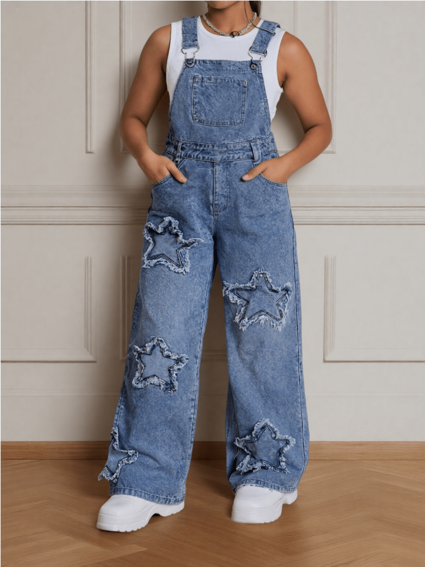 Teen Girls' Wide-Leg Denim Overalls with Star Embroidery Everyday Outfits - Machine Washable Teen Loose Fit Long Denim Machine Washable All-Season Casual Jeans for Teens Durable Fabric, for Outdoor