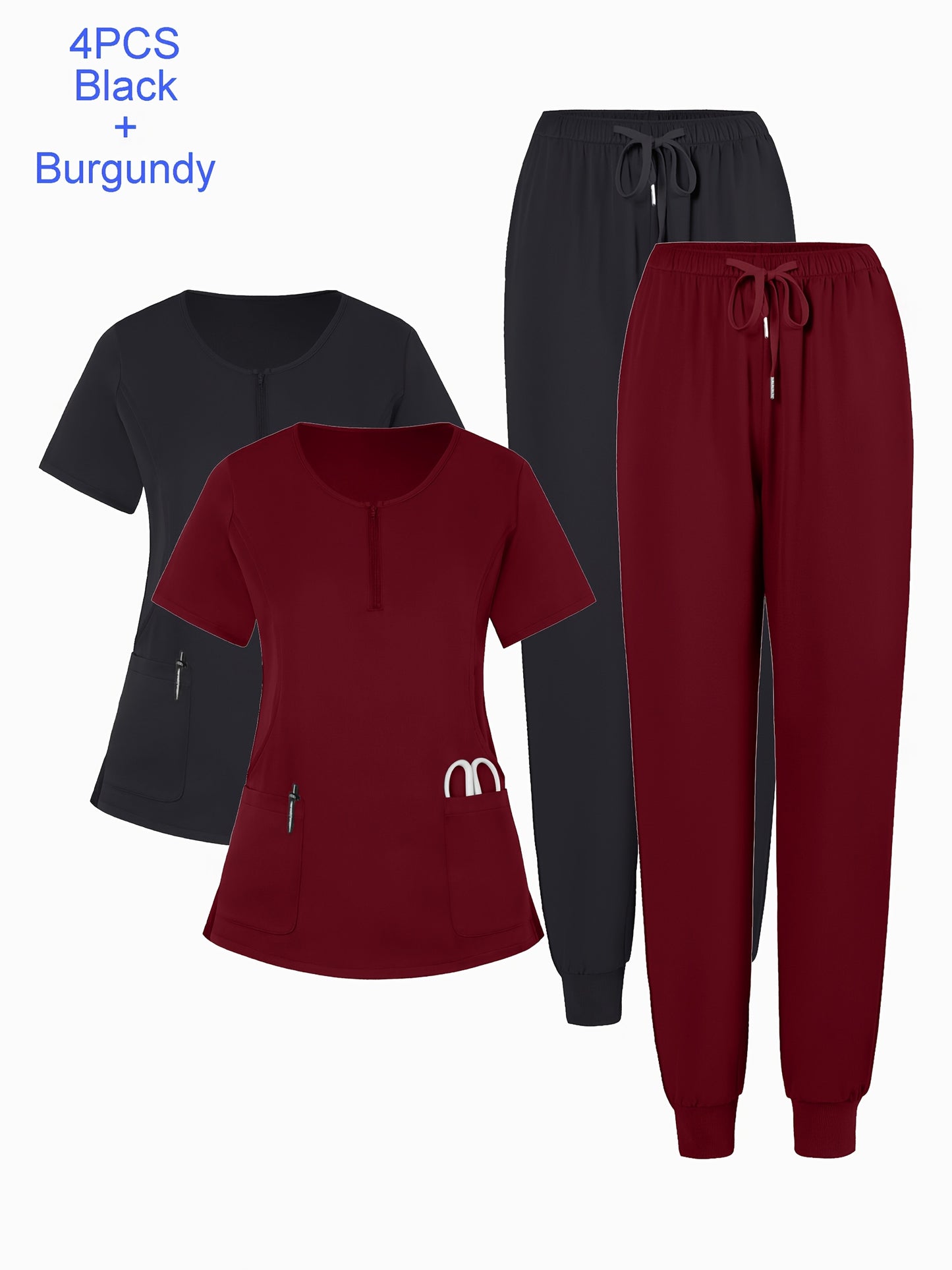 4pcs Set Of Multi-color Women's Round Neck Zipper Matte Breathable Sports Uniform Pocket Hand Washing Work Clothes Brush Hand Clothes Tying Feet Pants Set