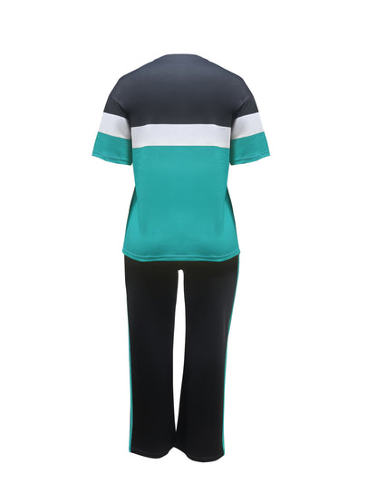 Women'S Plus Size Casual Color Block 2pcs Set - Elegant Crew Neck Short Sleeve Top & Straight Leg Pants, 95% Polyester 5% Elastane, Medium Stretch Knit Fabric, Machine Washable