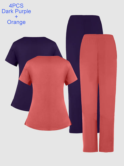 [Breathable Work Clothes] 4pcs Set of Women's Frosted Breathable Uniform with Pockets, Hand Washing Clothes, Work Clothes, Hand Brushing Clothes, Pants Set
