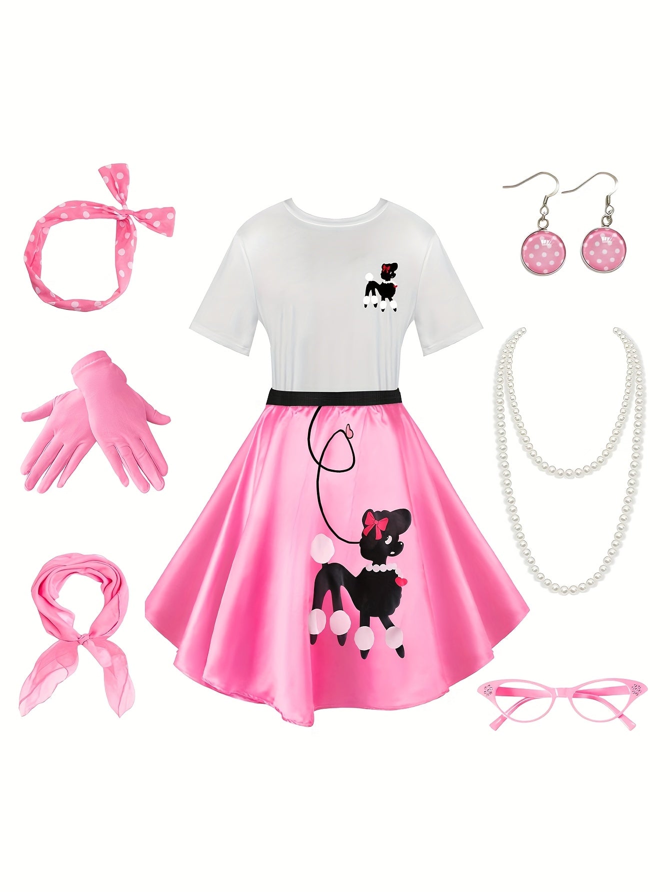 Ladies' Poodle Dress Set Retro Jumping Style 1950S Adult Women'S Halloween Costume T-Shirt Skirt Gloves, Scarf, Glasses, Earrings, Necklace Additions 8pcs Set