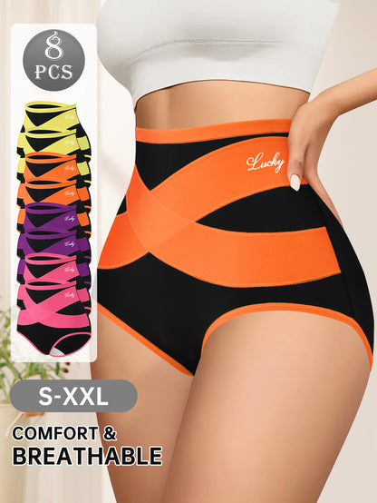 8pcs High Waist Women'S Color Clashing Shaping Panties, Cross Waistband Design, Comfortable And Breathable Mesh Fabric, Wrapping Belly, Shaping Body, Polyester And Spandex Blend, High Waisted Tummy Tucking Underwear, Suitable for Home Daily Wear