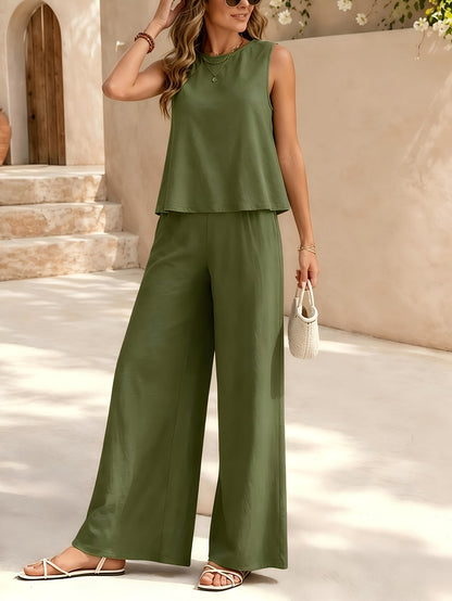 [Casual Pants Suit] Summer Casual Solid Color V-Neck Vest and Wide-Leg Pants Suit