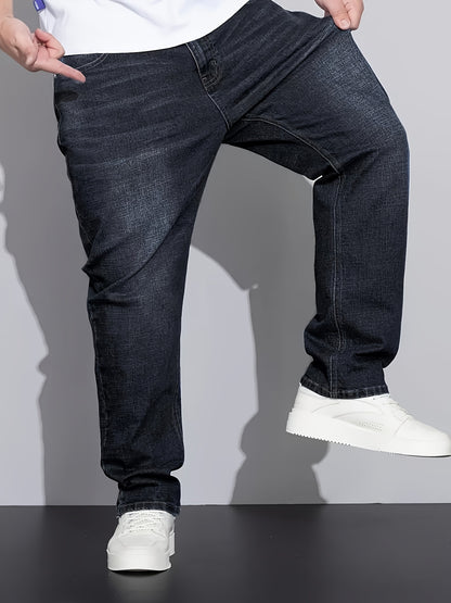 [HME] Men'S Easy And Casual Denim Trousers, Classic Five-Pocket Style, Retro Washed Craftsmanship, Mid-Waist Elastic Straight-Leg Pants, Built-In YKK Zipper Closure, Essential Men'S Plus-Size Jeans for Fashionable And Casual Outfits, Plus Size