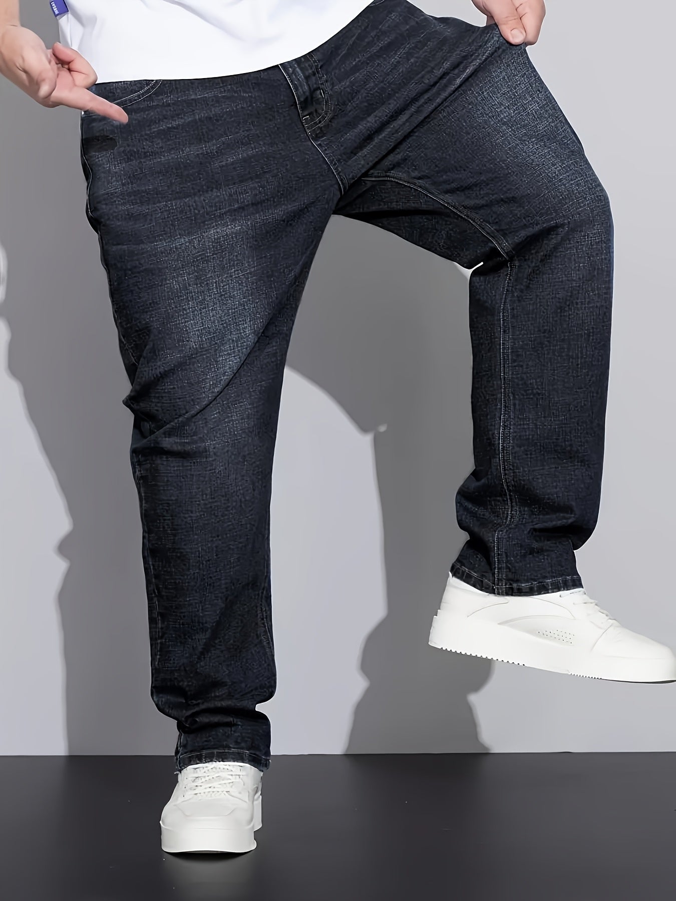 [HME] Men'S Easy And Casual Denim Trousers, Classic Five-Pocket Style, Retro Washed Craftsmanship, Mid-Waist Elastic Straight-Leg Pants, Built-In YKK Zipper Closure, Essential Men'S Plus-Size Jeans for Fashionable And Casual Outfits, Plus Size