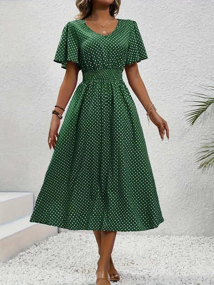 Stylish Pink Polka Dot Midi Dress for Ladies - Casual V-Neck, Ruffled Sleeves, Fitted Waist Design, Made from Lightweight, Ideal for Spring And Summer, Machine Washable