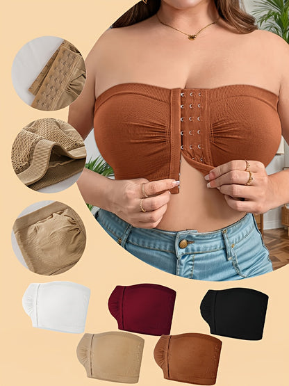 5pcs Plus Size Front Closure Bra Set, Elegant Nylon Fabric Plus Size Women's Bandeau, Wireless Design Front Closure Plus Size Women's Strapless, Medium Stretch, Solid Color, No Padding