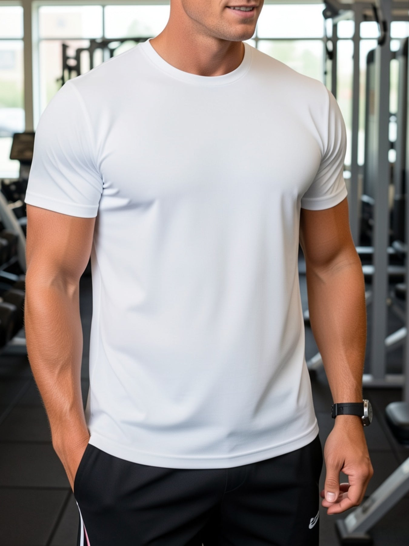 [Quick Dry T-Shirt] 5pcs Quick Dry Breathable Men's White T-Shirt - Round Neck-Heavy Cotton Short Sleeves, Lightweight Summer Sports Top, Suitable for Gym & Training, Machine Washable, Casual Wear