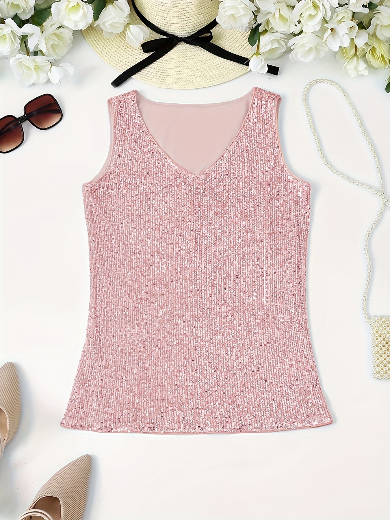 Sparkling Sequin V-Neck Sleeveless Top, Elegant Casual Tank for Spring and Summer Wear