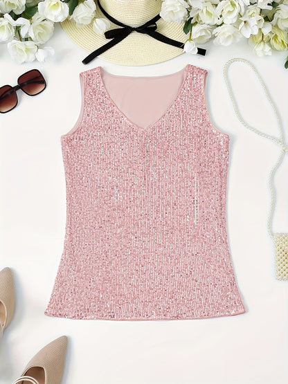 Sparkling Sequin V-Neck Sleeveless Top, Elegant Casual Tank for Spring and Summer Wear