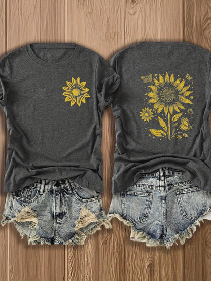Women'S T-Shirt with Prints on Both Sides, a Gift for Independence Day on June 1St - Attractive Sunflower Design T-Shirt - Retro Style Patterned Top for Women, Perfect for Summer And Casual Outings, Stylish Floral Design