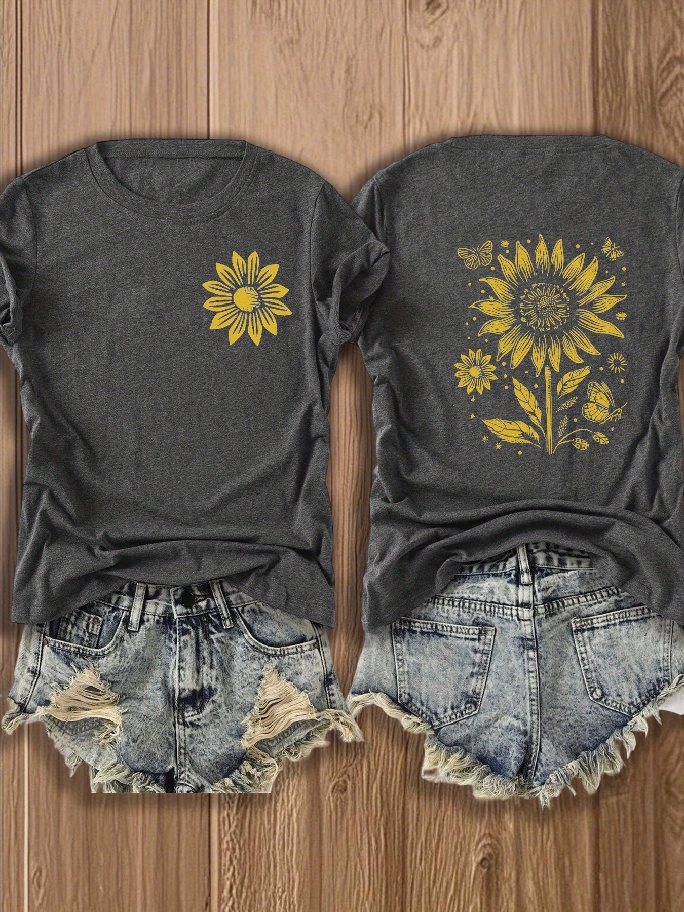 Women'S T-Shirt with Prints on Both Sides, a Gift for Independence Day on June 1St - Attractive Sunflower Design T-Shirt - Retro Style Patterned Top for Women, Perfect for Summer And Casual Outings, Stylish Floral Design