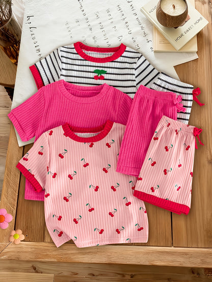 6pcs Set Of Girls' Summer New Cherry Fruit Pattern Short-sleeve And Shorts Comfortable Outfit, Perfect for Outdoor