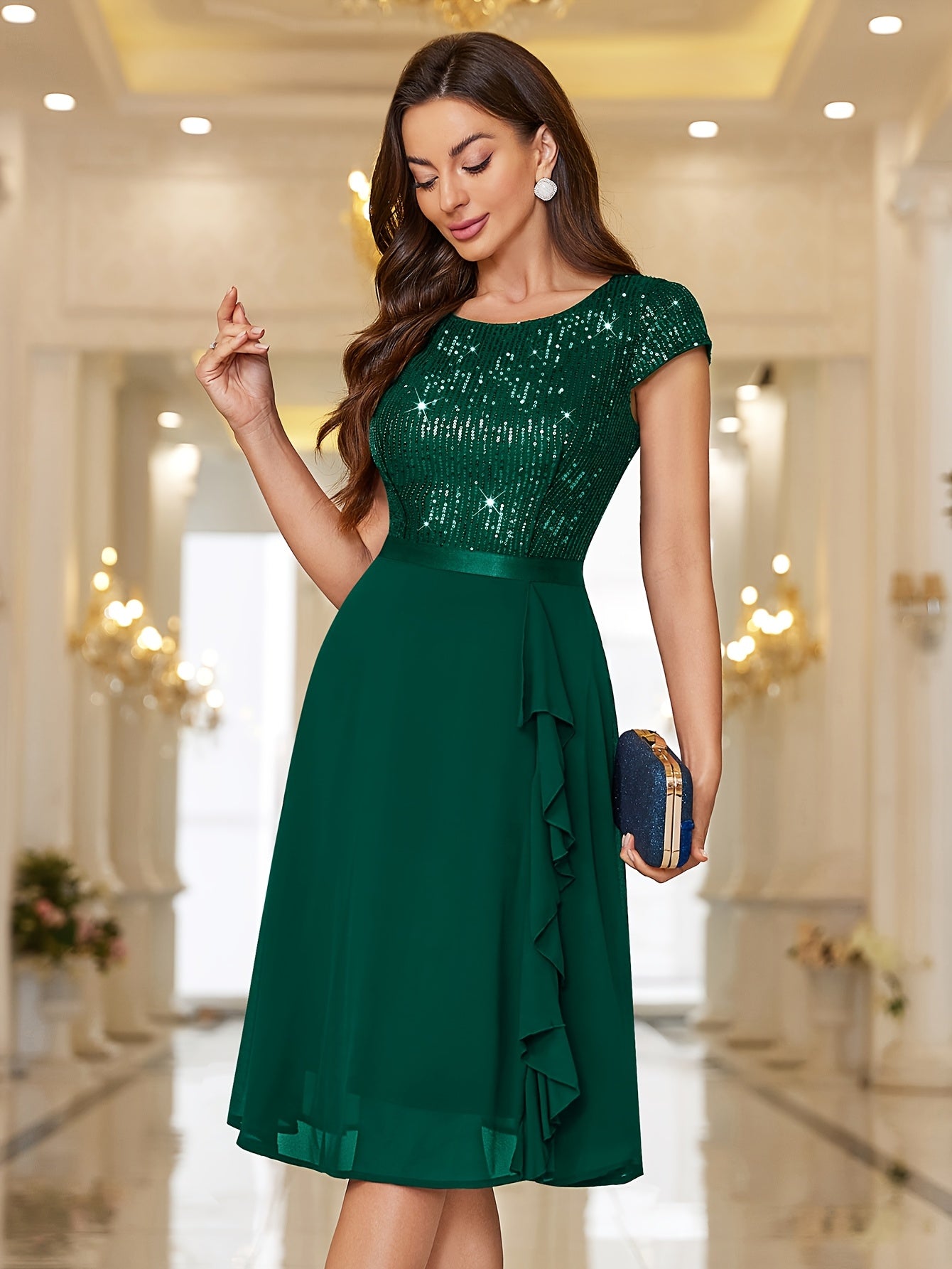 Y82016 Elegant Women's Glitter Sequin Chiffon A-Line Bridesmaid Dress with Cap Sleeves & Ruffled Hem - Sparkling Wedding Party Dress for Bridesmaids, Prom, Birthday, Formal Evening Gown - Machine Washable Chiffon