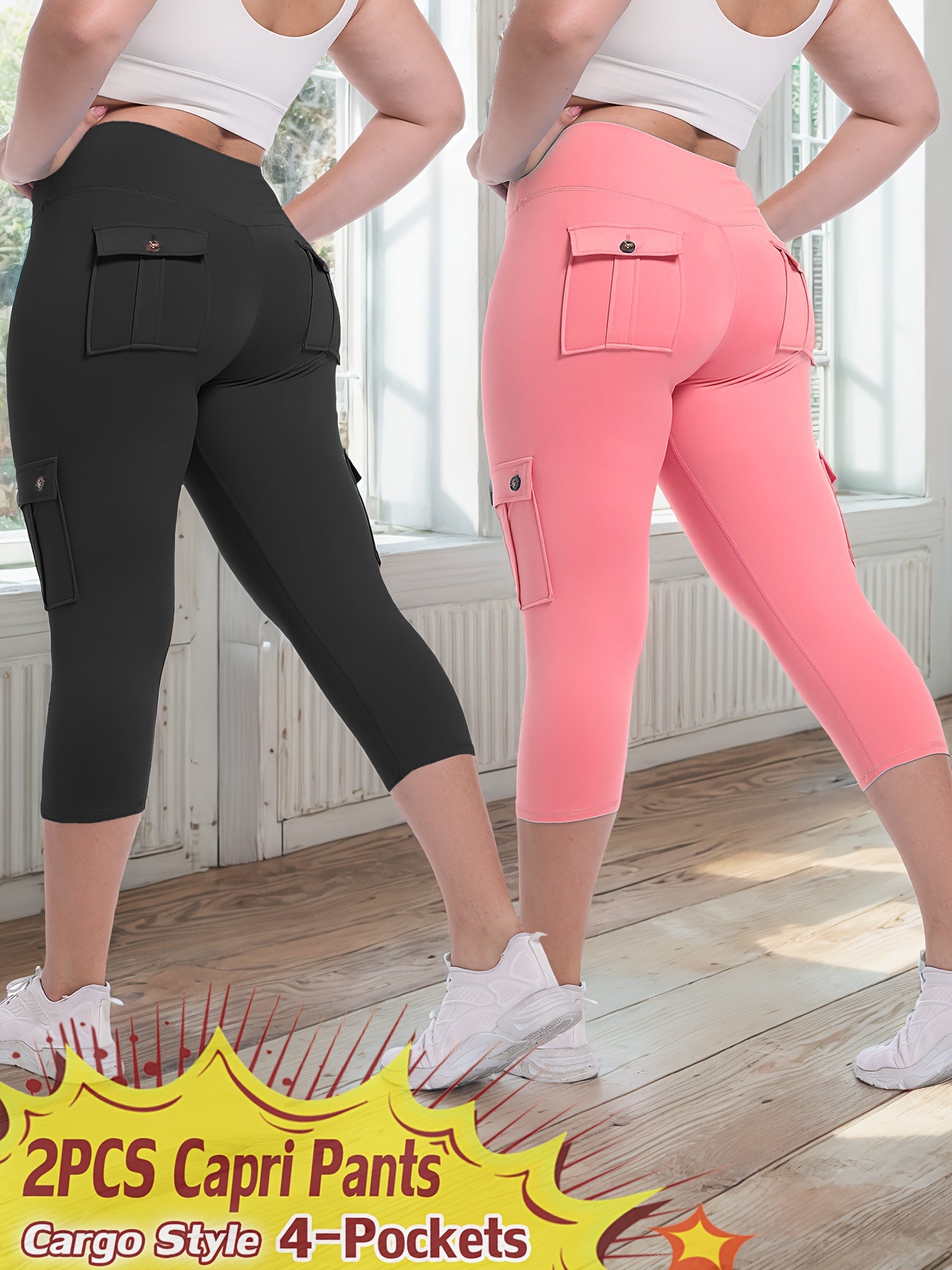 2pcs-Black & Pink High-Waist Leggings - product view 11