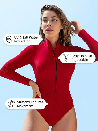 Women'S Long Sleeve Rash Guard Bathing Suit Zip Up One Piece Swimsuits Modest Surfing Swimwear