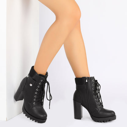 Women Short Boots Fall Winter Boots Women's Lace up Combat Ankle Boots High Chunky Heel Fashion Heeled Booties Shoes Black Boots