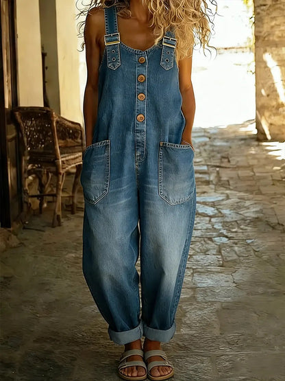 Retro Washed Loose Fit Denim Jumpsuit for Women Casual Adjustable Buckle Closure 2026