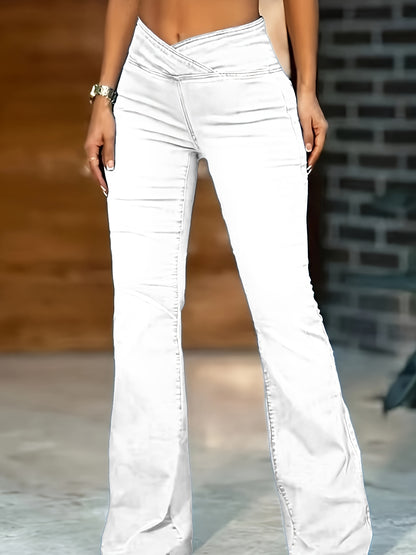 Women's High-Waisted Stretch Jeans - Wide-Leg Bell-Bottom Flared Pants with Cross-Waist , -Like Rayon//Spandex (75/23/2%), All-Season Casual to Dressy Wear, Wrinkle-Resistant Trousers