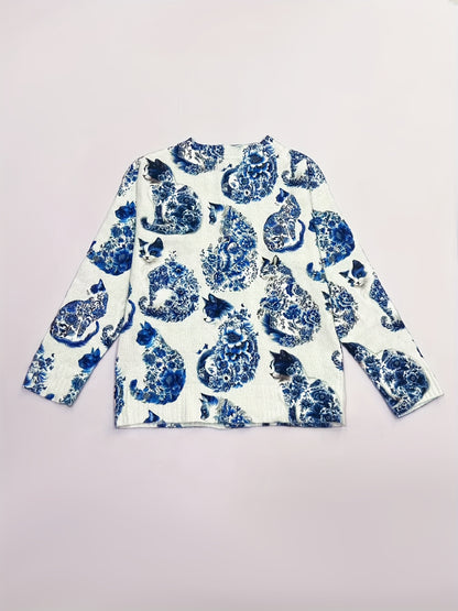 Women's Lightweight 3D Cat Print Cardigan - Open Front Button Detail Sweater, Elegant Casual Chic for Spring Summer Fall, Cat Lover Gift, Cat Clothes, Versatile Layering, Playful Design, Breathable Fabric, Printed Sweater, Women