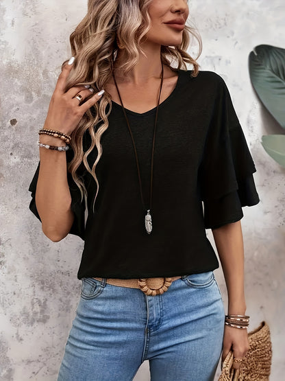 Layered Flared Sleeve V-neck T-shirt, Suitable for Spring And Summer, Soft And Comfortable Daily Casual Solid Color Top for Women's Clothing