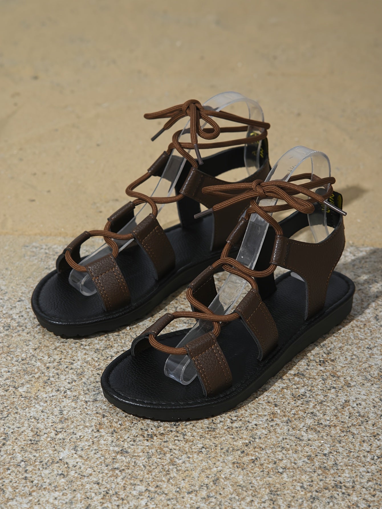 1 Pair Women's Summer Casual Lace-Up Flat Sandals, Comfortable Lightweight Fashion Roman Sandals with Ankle Strap, Open Toe, Solid Color, Faux Sole and Insole, Women Shoes