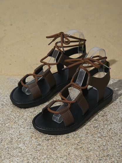 1 Pair Women's Summer Casual Lace-Up Flat Sandals, Comfortable Lightweight Fashion Roman Sandals with Ankle Strap, Open Toe, Solid Color, Faux Sole and Insole, Women Shoes