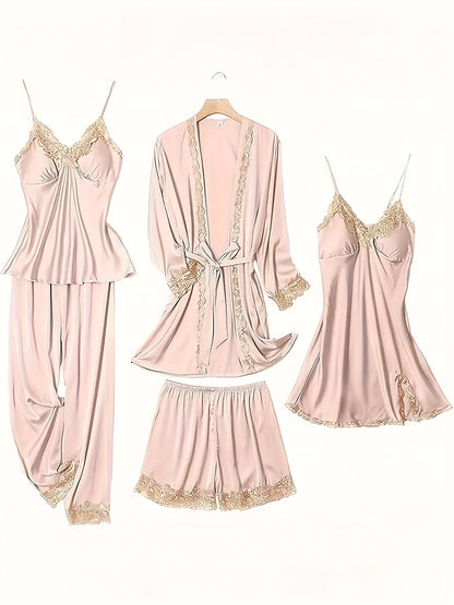 5pcs Set of Women'S Lace Sleepwear, Featuring a Charming Pajama, Casual Satin Outfit That Is Loose, Cozy, And Soft. The Set Includes a Robe, a Strap Skirt, a Short Tank Top, Shorts, And Pants