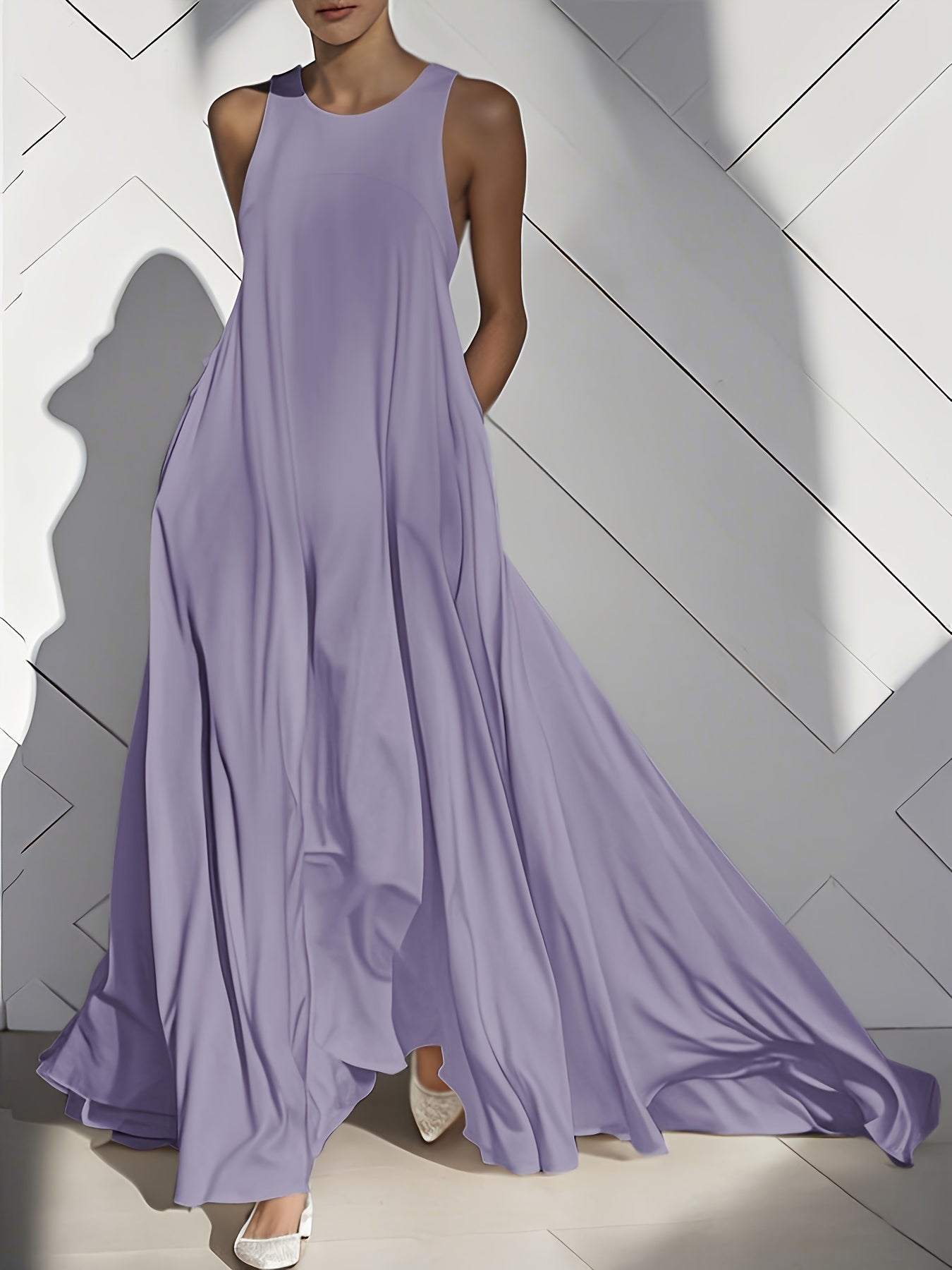 Women'S Long Dress, Summer Sleeveless Pocket Solid Skirt, Flared Ruffled Cutout Round Neck Loose Casual Vacation Fashion Everyday Pleated Maxi Dress