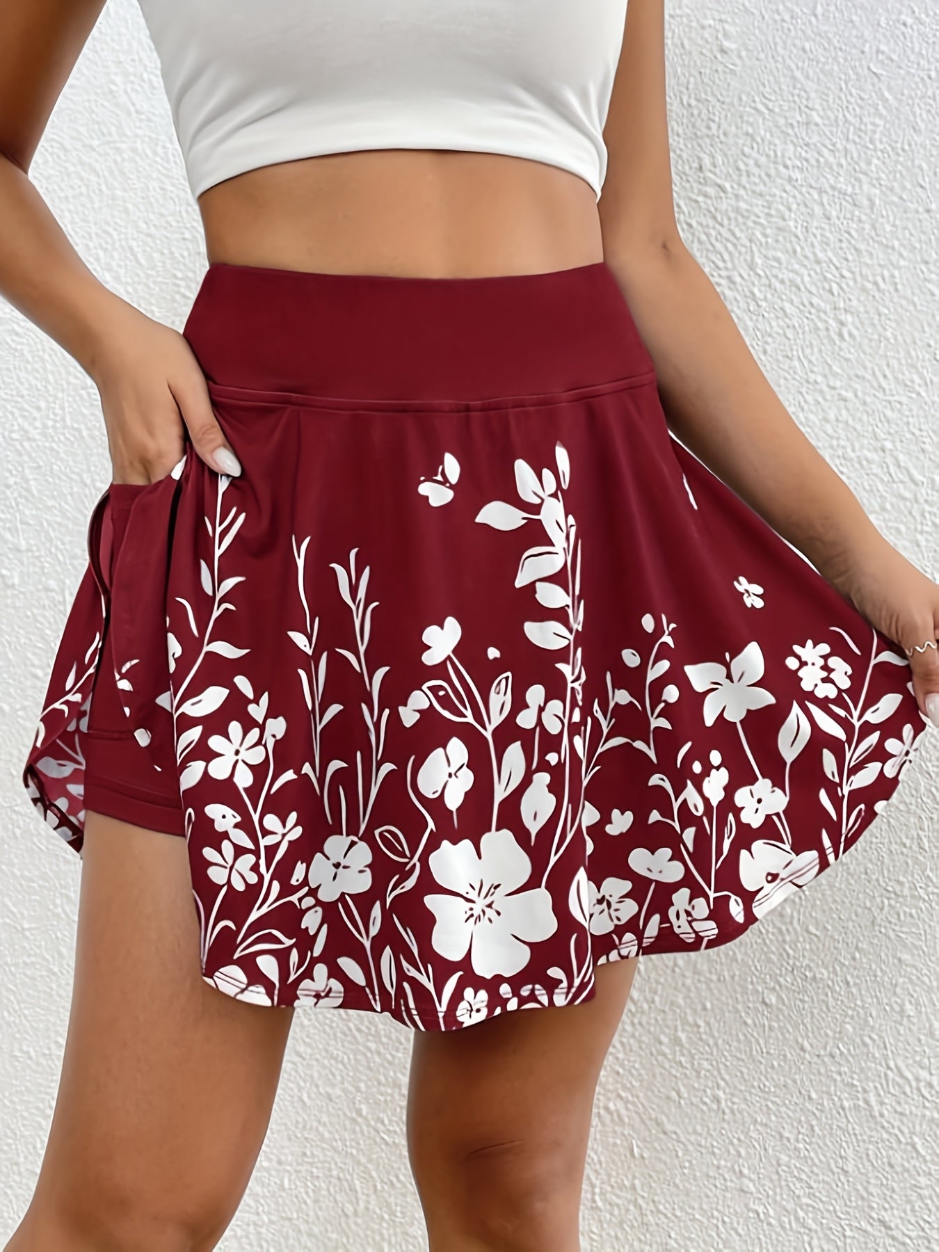Women'S Summer Casual Solid Color High Waist Short Skirt Simple Floral Print Shorts Culottes With Pockets