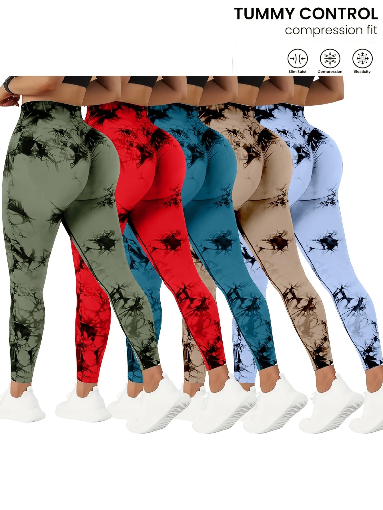 Set of 5 High-Waisted Yoga Pants for Women with Tummy Control, Summer Tie-Dye Fitness Leggings, Stretchy Running Tights for Peach Lift Workouts, Available in Various Colors