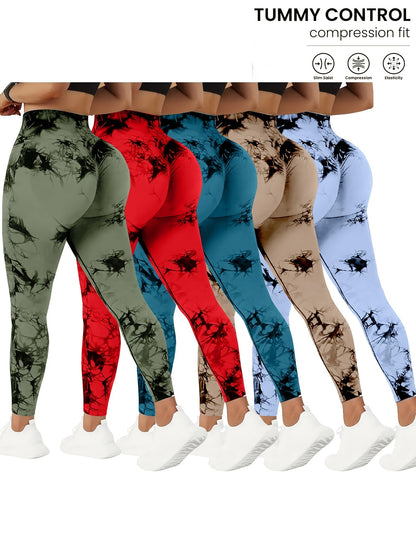Set of 5 High-Waisted Yoga Pants for Women with Tummy Control, Summer Tie-Dye Fitness Leggings, Stretchy Running Tights for Peach Lift Workouts, Available in Various Colors