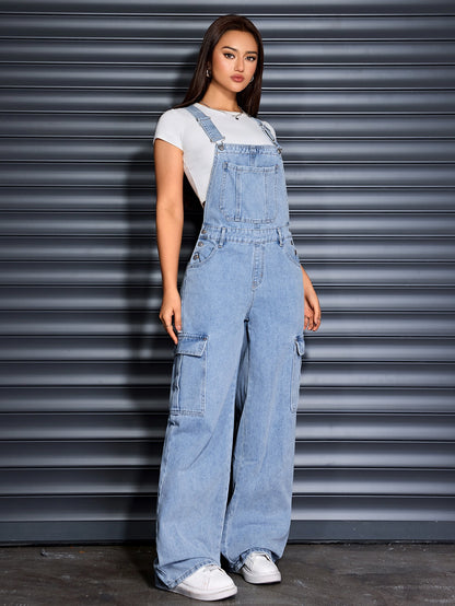 Women'S Denim Wide-Leg Cargo Jumpsuit with a Loose Fit, Baggy Design, And Adjustable Straps