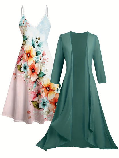 Plus Size - Women'S Plus Size Floral Print V-Neck Dress with Light Pink Chiffon Overlay - Sleeveless, Flowy Maxi Dress for Spring/Summer, Vacation Style, Vacation Attire | Floral Print Dress | Chiffon Overlay