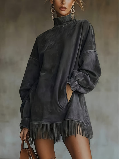 [Lightweight Fringed Skirt] Summer Women's Lightweight Breathable Fringed Mini Skirt, Retro High-Neck Dress, Loose-Padded Long-Sleeved Fringed Skirt