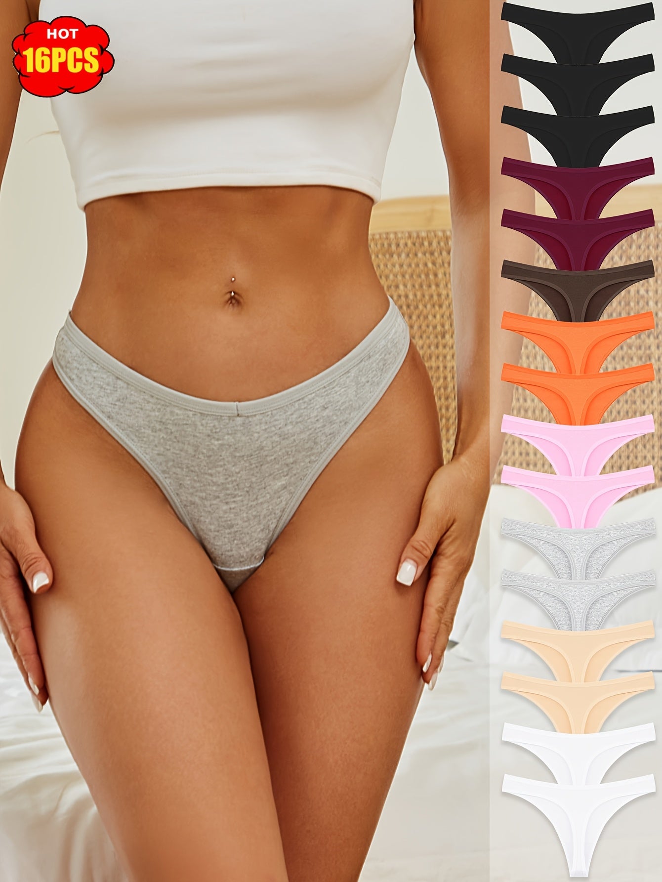 16pcs Set Of Solid Color Thongs, Comfortable, Elegant, Skin Friendly, Soft And Breathable Underwear, Suitable For Daily Commuting, Women'S Underwear And Underwear