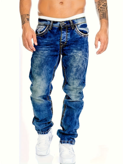 2026 American Snowflake Washed Men's Jeans, Fashionable and Versatile Straight Pants, Elastic Jeans Suitable for All Seasons, Game Day Fan Gear for Soccer and All Fans