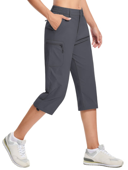 Women'S Summer Hiking Capri Pants - Lightweight, Quick Dry, Stretchy, Zipper Pockets, Adjustable Waist & Cuffs For Outdoor Travel, Hiking, Camping, Fishing, Casual Wear Long Shorts