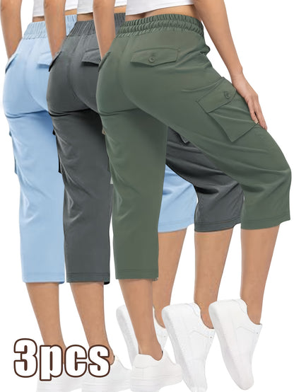 3pcs Women'S Fashionable Cargo Capri Pants for Summer, with Elastic Waistband And Pockets - Casual Sports Capri Pants, Breathable Blend