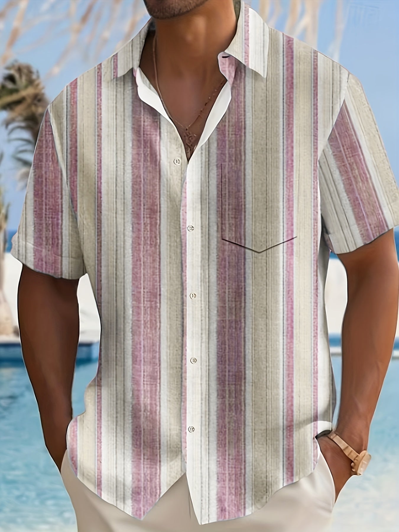 1pc Men'S Casual Striped Short Sleeve Shirt - Polyester 95%, Spandex 5% Blend, Summer Lapel Collar, Woven Fabric, Regular Fit with Button Details, Plus Size