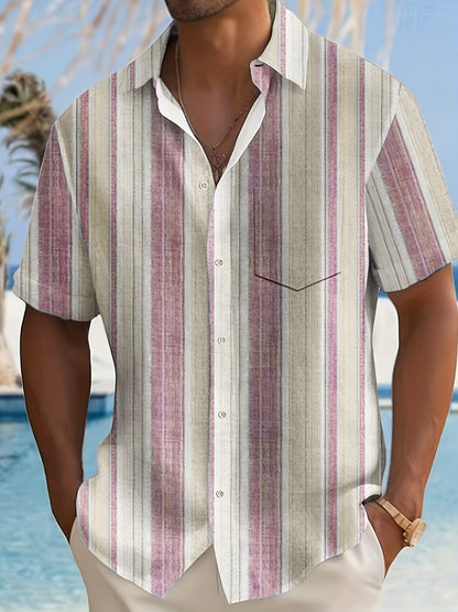 1pc Men'S Casual Striped Short Sleeve Shirt - Polyester 95%, Spandex 5% Blend, Summer Lapel Collar, Woven Fabric, Regular Fit with Button Details, Plus Size