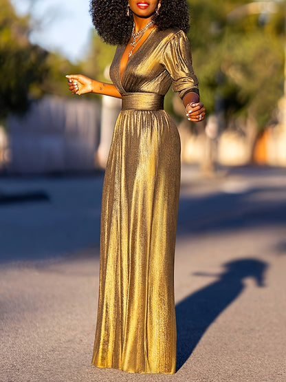 Women's Shiny Deep High Waist Wide- Jumpsuit - Elegant Three-Quarter Sleeve Bodysuit Suitable for Evening Weddings, Parties & Fall Outfits, Loose-Fit Trousers, Solid Color Full-Length Pants