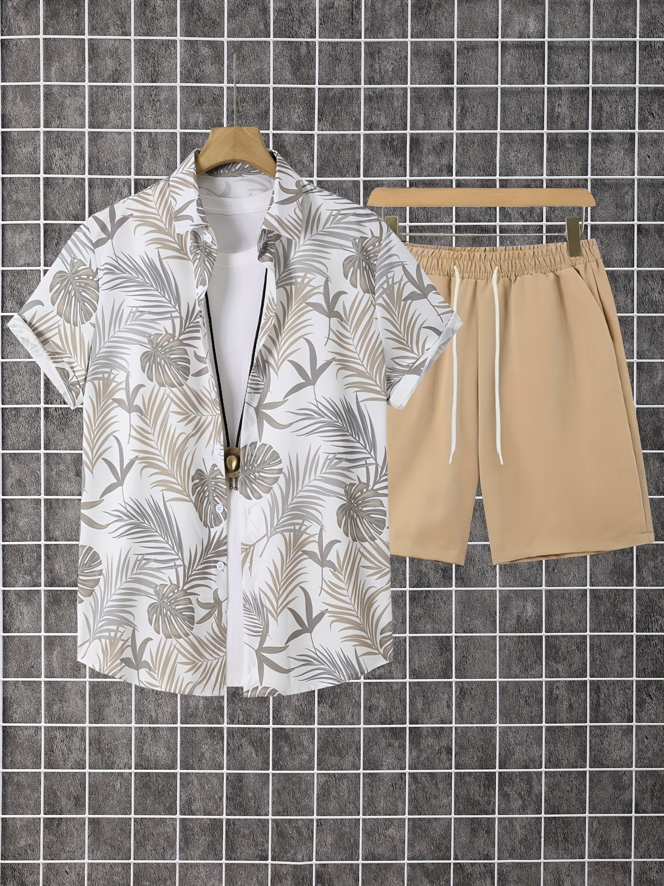 Men'S Short Sleeve Button-Up Shirt And Shorts Set with Leaf Design, Ideal for Summer Outdoor Fun