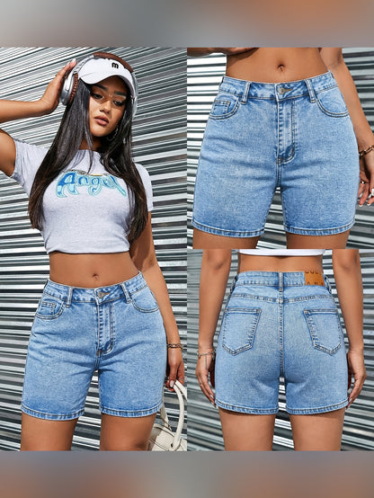 Women'S High Waisted Denim Shorts, Light Blue Washed Slim Fit Shorts, Minimal Solid Color Design, Summer Casual Versatile Hot Pants