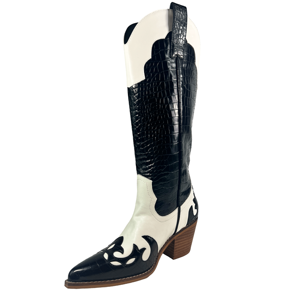 ARiderGirl Pamela Women's Western Cowboy Knee-High Boots Crocodile Printed Chunky Stacked Heel Pointed Toe Boots