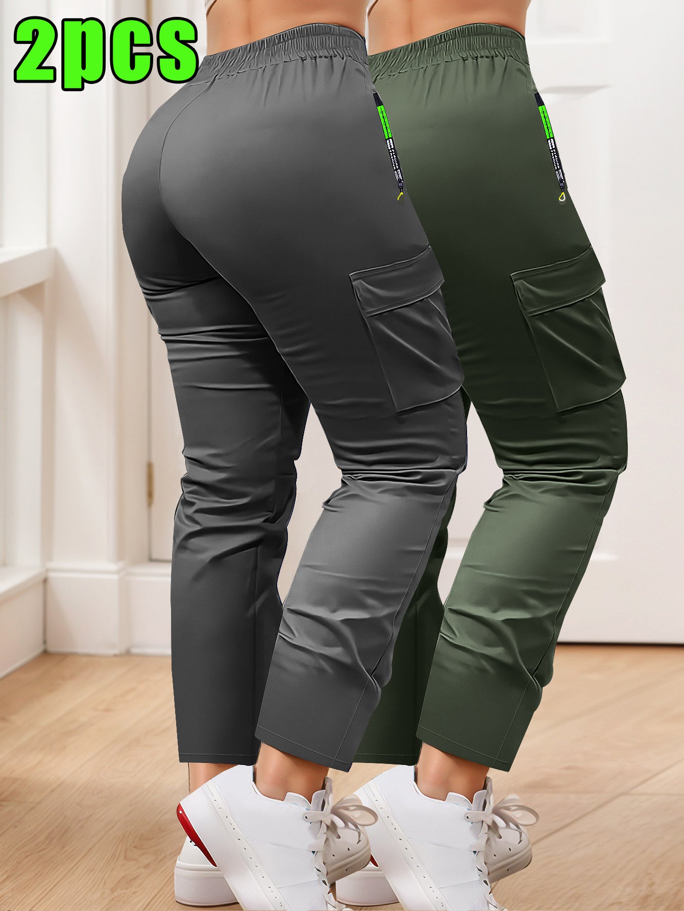 2-pack of Women'S Multi-pocket Slim Cargo Pants, Drawstring Zip Pocket Design, Straight Leg Casual Trousers, Suitable for Outdoor Sports, Everyday Wear, and Dates.