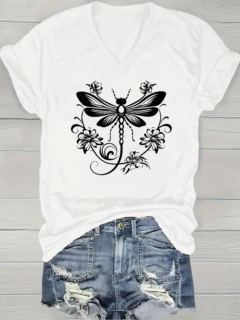 "Dragonfly" Print Pattern T-shirt, Short-sleeved V-neck Casual Top, Suitable for Summer and Spring, Women's Wear, a Great Gift for Friends and Family on Holidays