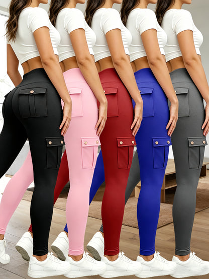 5 Pack Womens High Waist Yoga Leggings 4 Button Large Pockets Tummy Control Slim Fit 4 Way Stretch Soft Breathable Non Restrictive Sports Workout Leggings Great Value Multipack for Gym Running Training Daily Wear Fast Local Warehouse Delivery