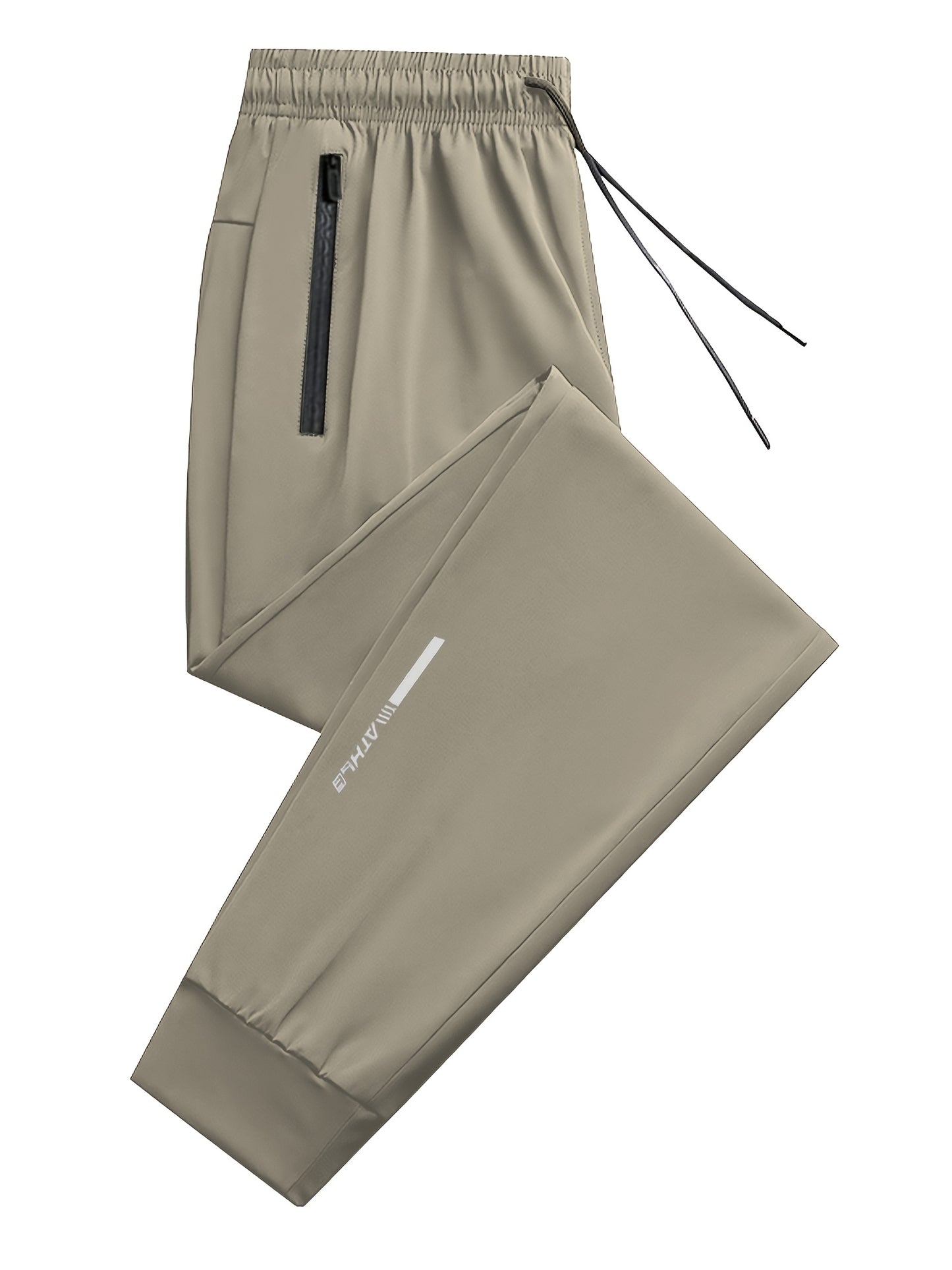 3pcs Men's Summer Solid Color Tapered Sports Pants, High Stretch Fiber, with Ribbed CuffDesign, Nylon 80%Spandex 20%, Reflective Stripe Design At The Hem Of Pants, Regular Fit with ZipperPockets, Breathable ComfortableRunningTraining LongTrousers